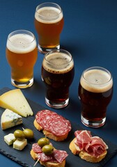Five glasses of beer and a slate board with appetizers on a blue background. Traditional beer day snacks and drinks for a party.