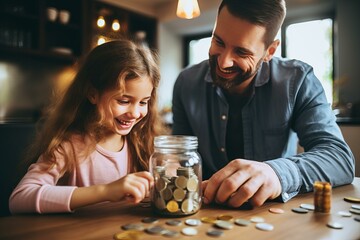 Father teaching his daughter about savings and finances, putting coins in a jar