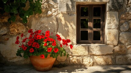 Bright Red Flowers in Pot by Rustic Stone Wall with Window