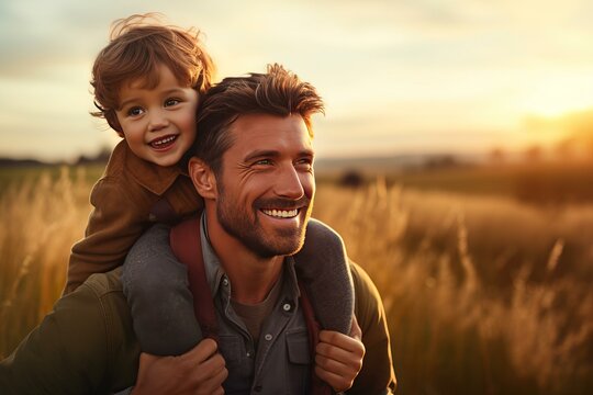 Happy father giving smiling son piggyback ride in golden field at sunset, enjoying time together - Powered by Adobe