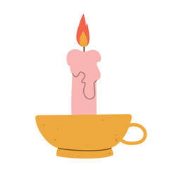 Isolated flat vector illustration of burning candle in an vintage candlestick on white background. Cottagecore lifestyle. Home interior element.