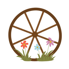 Isolated flat vector illustration of wooden cart wheel with wildflowers on white background. Cottagecore lifestyle. Home interior element.
