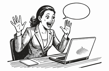 Excited Businesswoman Working on Laptop at Desk