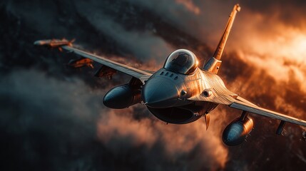 Fighter jet soars amidst turbulent skies with a dramatic, fiery backdrop.