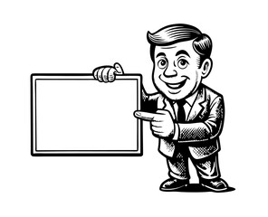 Smiling Businessman Holding Blank Sign, Retro Cartoon Style