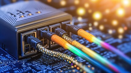 Close-Up of Fiber Optic Cables Connecting to Network Device on Board