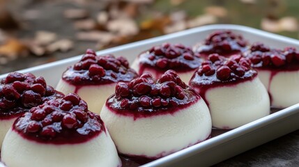Creamy Dessert with Berry Sauce in Elegant Presentation on Table