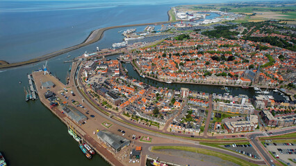 Aerial view of the old town of the city Harlingen in the Netherlands on a sunny day in summer	

