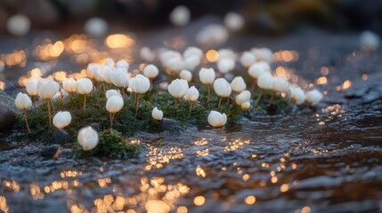 Fototapeta premium Delicate White Flowers Amidst Sparkling Water Reflections at Dusk