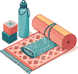 Flat Design Vector of Yoga Mat, Blocks, and Water Bottle – Fitness and Wellness Essentials

