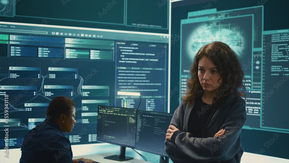 Poster cyber security expert in a national safety operations center detecting cyber attacks or threats. gov