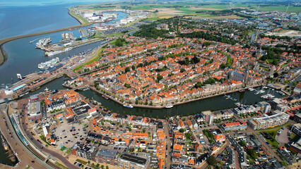 Aerial view of the old town of the city Harlingen in the Netherlands on a sunny day in summer	

