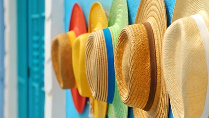 A colorful array of straw hats hanging against a vibrant blue and white wall decor , video