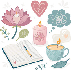 Clean Flat Vector Illustration of Mindfulness Journal Items Illustrator Artwork