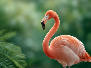 Obraz premium Flamingo stands gracefully near lush greenery in a serene tropical environment