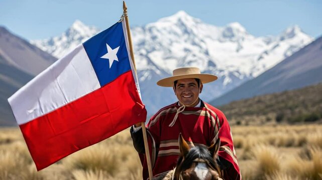 A Chilean huaso wearing a chupalla holding a flag riding a horse, the national flag of Chile held proudly against a backdrop of majestic mountains and a clear blue sky.