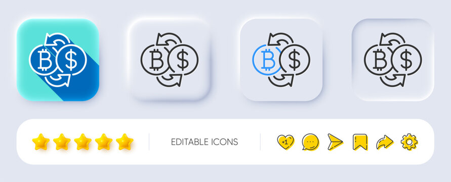 Bitcoin exchange line icon. Neumorphic, Flat shadow, 3d buttons. Cryptocurrency coin sign. Dollar money symbol. Line bitcoin exchange icon. Social media icons. Vector