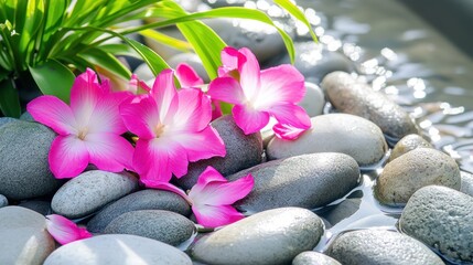 Fototapeta premium Serenity Through Nature: Pink Flowers on Smooth Pebbles in Water