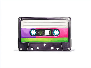 Obraz premium Colorful cassette tape on a white background showcasing retro design and nostalgia for music lovers from the 1980s and 1990s