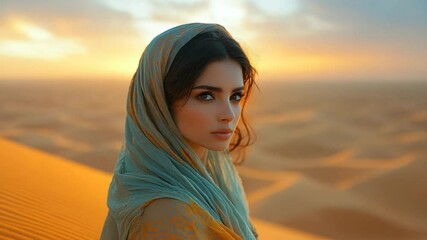 Mysterious woman in headscarf gazing at camera near sea at sunset, cinematic fashion portrait in UHD 4K