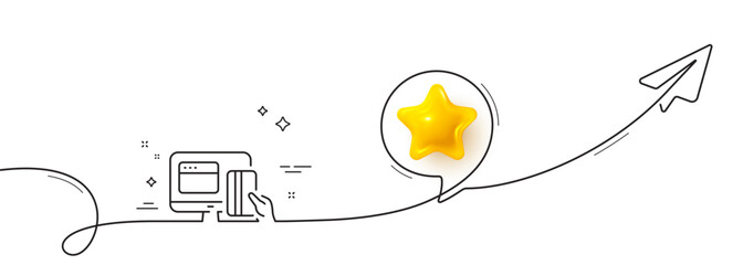 Online Payment methods line icon. Continuous line with share plane. Web money sign. Credit card symbol. 3d star in speech bubble. Online payment single line ribbon. Loop curve pattern. Vector