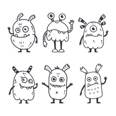 set of cartoon monsters. Cute monsters in doodle style. Kids funny character design for posters, cards, magazins. Line. Vector illustration
