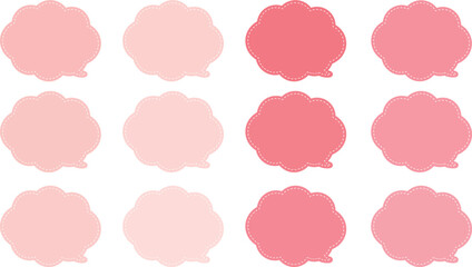 ピンクの暖色系の１２色の吹き出しセット。吹き出しの内側に白い破線がある。