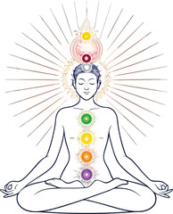 Line Art of Meditating Silhouette with Glowing Chakras in Vector Style Illustrator Artwork