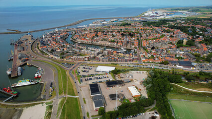 Aerial view of the old town of the city Harlingen in the Netherlands on a sunny day in summer	
