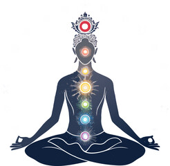 Line Art of Meditating Silhouette with Glowing Chakras in Vector Style Illustrator Artwork