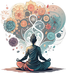 Clean Vector Illustration of Meditating Person with Abstract Thought Bubbles

