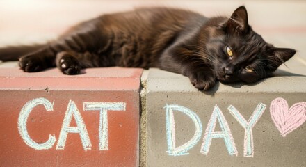 Black cat sleeping on concrete tiles with "cat day" written in chalk. Pet animal enjoying sun. International Cat Day concept.