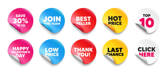 Discount sticker tag. Top 10, Best seller, Hot price banners. Save up to 30 percent tag. Discount Sale offer price sign. Special offer symbol. Join our team sticker. Vector