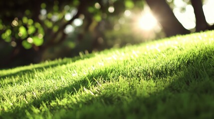 Naklejka premium Sunlit Green Grass Under Trees in a Peaceful Outdoor Setting