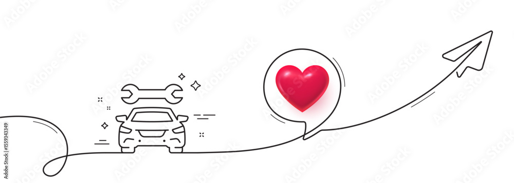 Poster car service line icon. continuous line with share plane. auto repair sign. garage service symbol. 3d