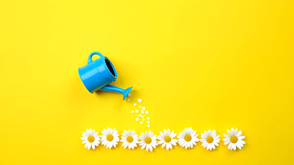 Watering Daisies with a Blue Watering Can on Yellow Background