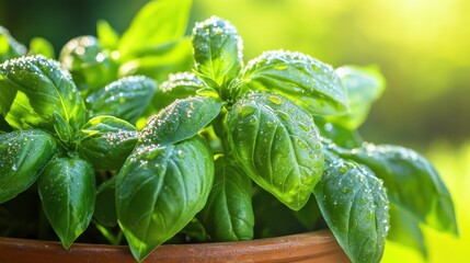 Obraz premium Fresh Green Basil Leaves with Dew on Sunlit Background