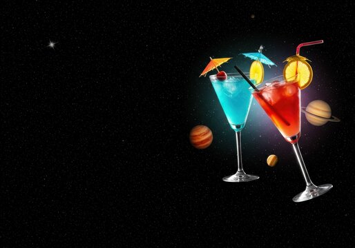 Two colorful cocktails with planets and stars in a cosmic outer space background. Delicious drink for celebration.