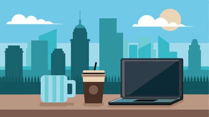 Obraz premium On a rooftop overlooking the sprawling city a black laptop and a mason jar of iced coffee sit ready for the days work ahead.. Vector illustration