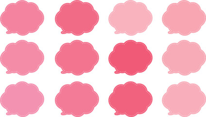 ピンクの暖色系の１２色の吹き出しセット。吹き出しの内側に白い破線がある。