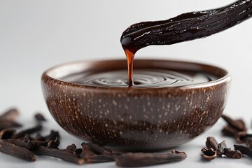 Fototapeta premium Dark vanilla extract pouring into bowl. Rich, aromatic, gourmet food photography. Ideal for culinary, food blogs, and packaging.