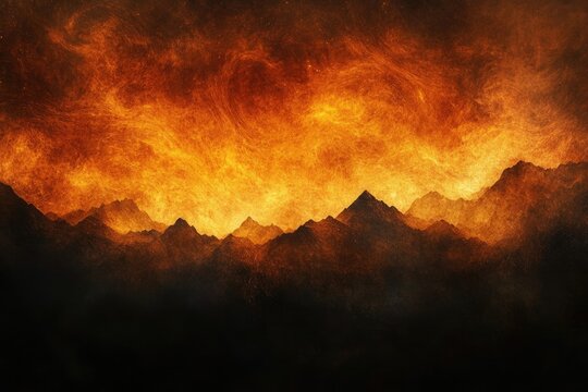 Fiery sky ablaze above silhouette mountain range. A landscape where earth and sky meet in a symphony of darkness and burning light.