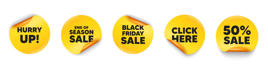 Hurry up sale sticker tag. 50 percent discount, Black friday paper price banners. Hurry up sale tag. Special offer sign. Advertising discounts symbol. Click here sticker. Vector
