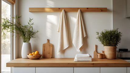 A kitchen counter with a wooden surface and a vase of oranges
