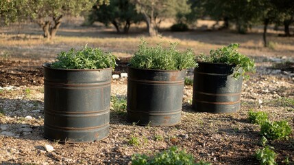 Obraz premium Green Herbs Growing in Rustic Oil Drums on a Sunny Day