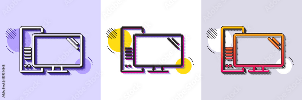 Poster computer line icon. halftone dotted pattern. gradient icon with grain shadow. pc component sign. mon