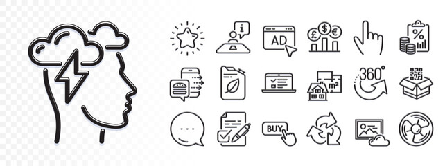 360 degrees, Mindfulness stress and Air fan line icons for web app. Glare of light effect. Message icon. Pack of Qr code, Canister, Web lectures pictogram icons. Vector