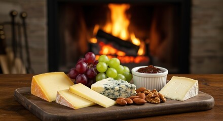 Delicious Cheese Platter With Grapes Nuts And Jam Next To Cozy Fireplace Warm Ambiance