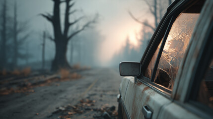 Abandoned car on a deserted road surrounded by foggy trees, evoking a sense of mystery and desolation, concept of automotive photography or environmental art