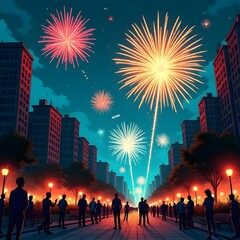 City street scene with buildings, trees, and a crowd of people watching vibrant fireworks exploding in the night sky.